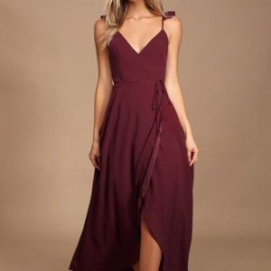 LuLus Here's to Us Burgundy High-Low Wrap Dress SMALL